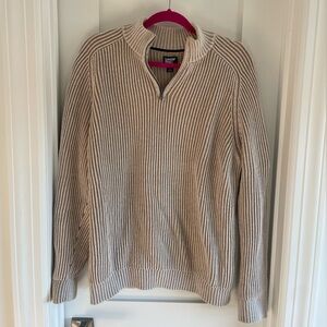 Lands' End Men's Beige and White Striped Quarter Zip-Up Sweater, LIKE NEW, Large